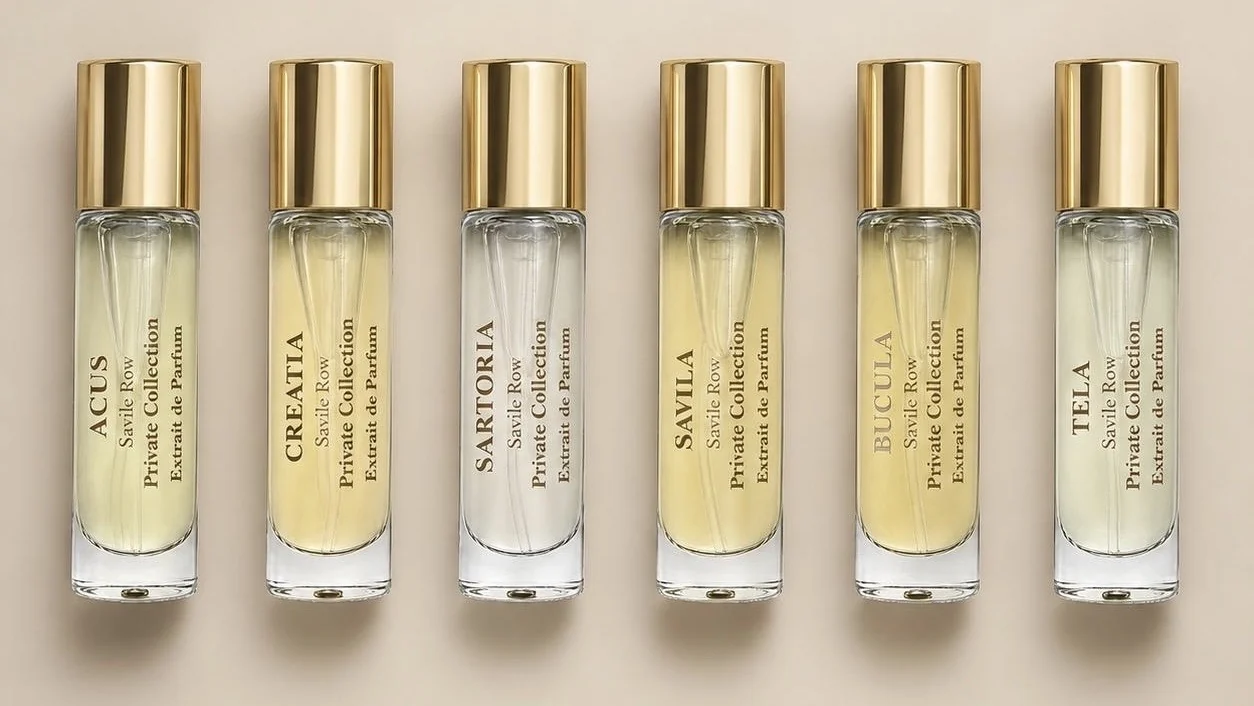 The six 10ml discovery set vials laid out in a row, each labelled with its fragrance name